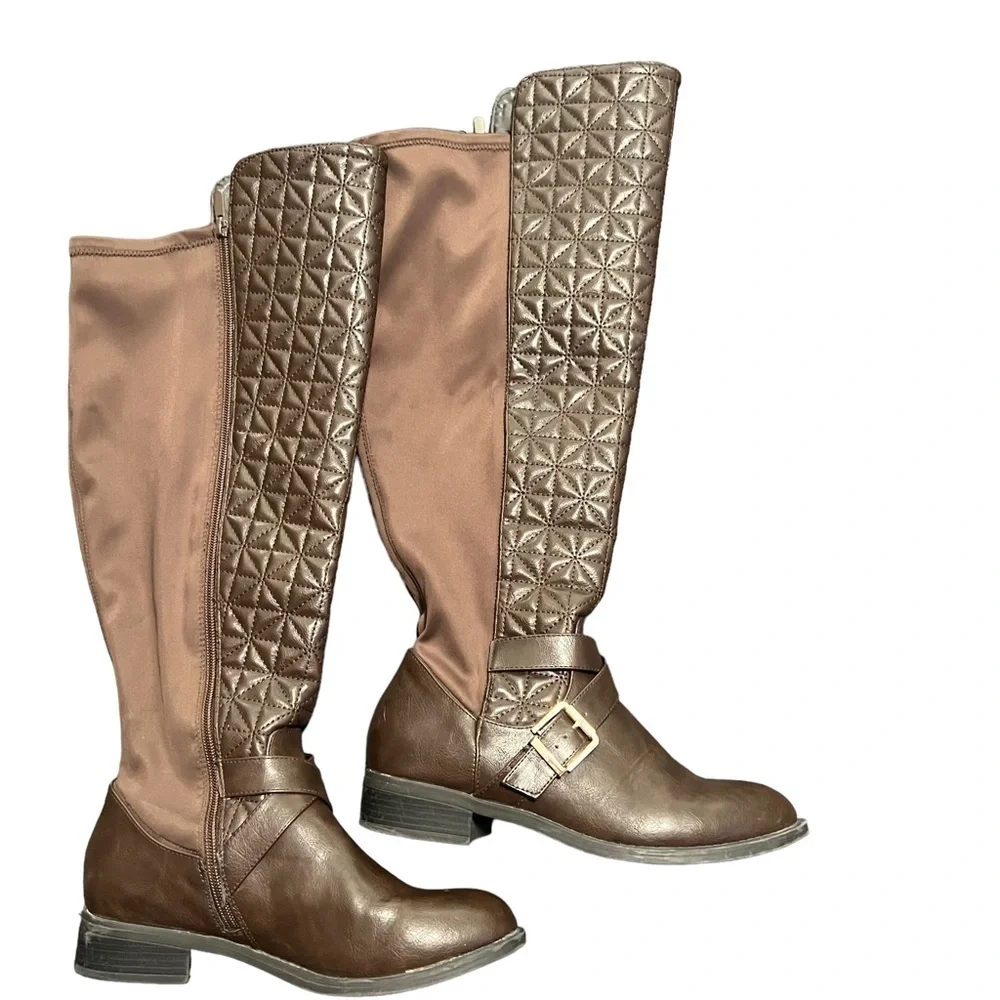 Torrid Brown Faux Leather Quilted Strappy Over Knee-High Boot Size 9W.
